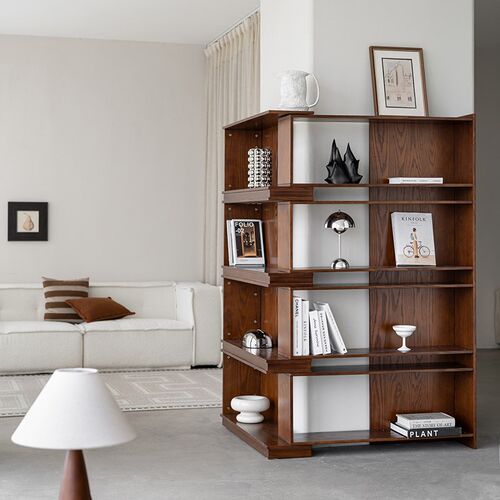 润家家居中古风客厅书架可自由调节落地家用陈列柜实木组合书柜子 - 图1