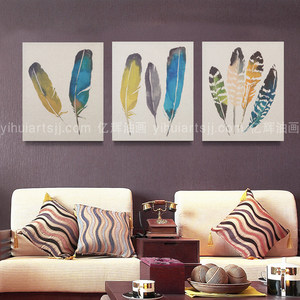 亿辉 三联组合油画纯手绘装饰画羽毛拼画客厅餐厅卧室走廊无框画