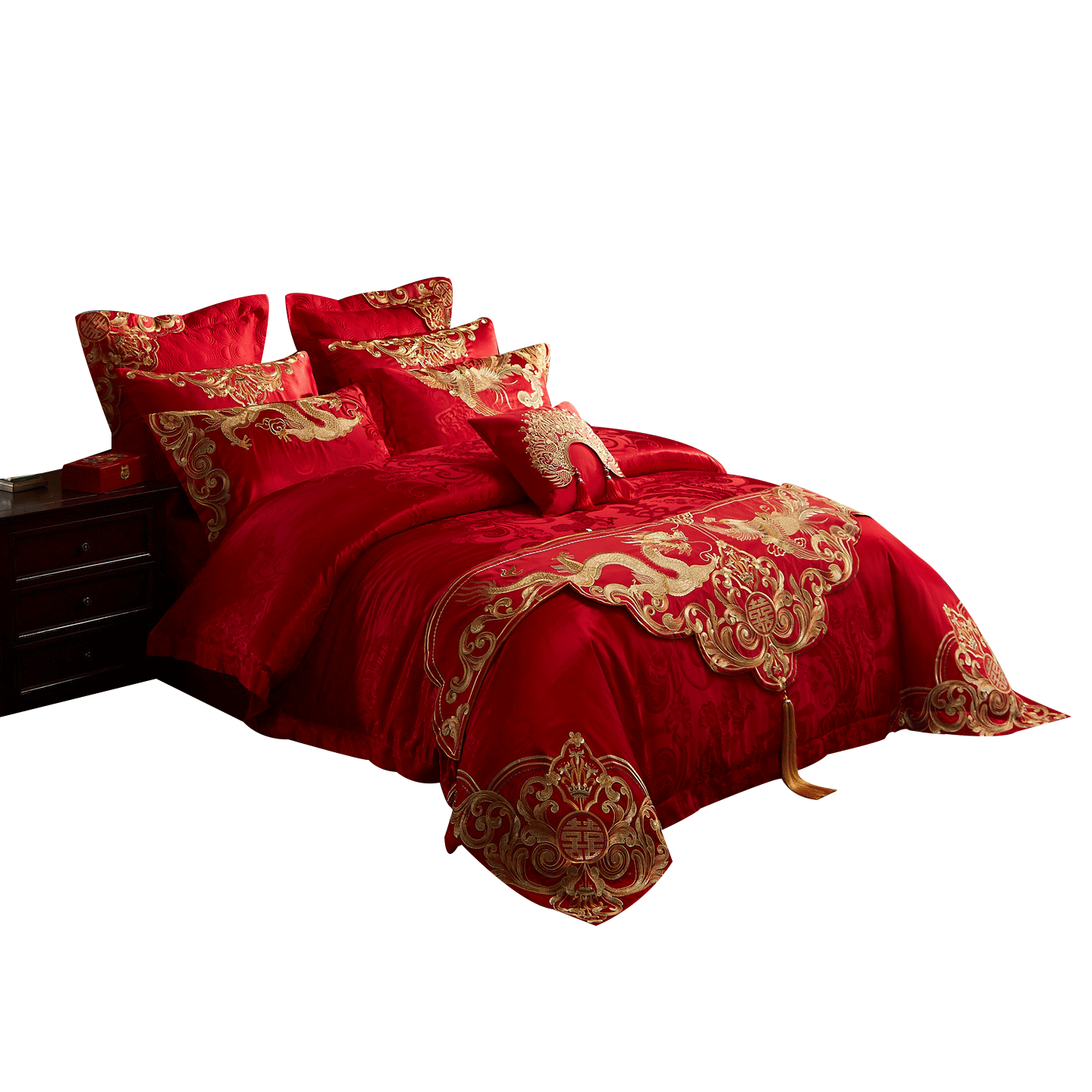 100支贡缎婚庆四六件套大红全棉刺绣被套龙凤床旗结婚床品陪嫁2m,淘宝优惠券,粉丝福利购,淘宝优惠卷