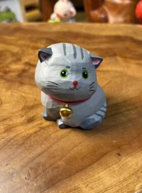 手工木雕椴木可爱铃铛小猫办公桌办公桌桌面摆件