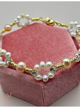 珍珠猫ins风橘色金色天然珍珠手链手编优雅时尚闺蜜节日生日礼物