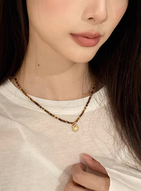 复古虎眼石方糖珠吊坠项链秋冬小众天然石串珠锁骨链女