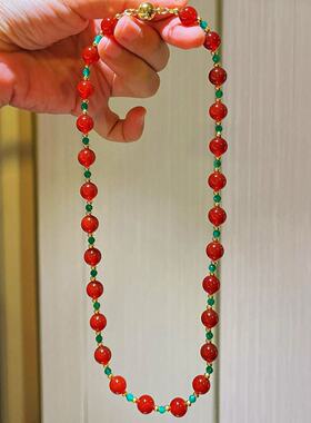 8mm7A高品质冰透起光天然红玉髓绿玛瑙项链手链套装 保真支持复检