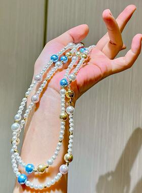 秋冬美拉德风蓝色妖姬冷白金棕高光人造水晶施家珍珠毛衣链项链女