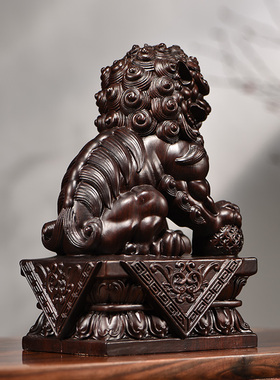 黑檀木雕狮子摆件一对狮子实木质家居门口客厅创意装饰摆设工艺品