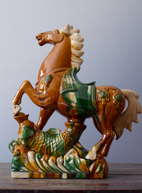 唐三彩陶瓷马摆件招财马到成功吉祥富贵家具办公室风生水起装饰品