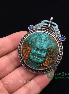 尼泊尔手工老银黄财神佛牌手工镶嵌绿松石银挂件男女款项链配饰