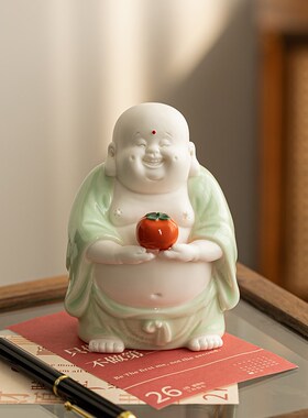 新中式弥勒佛招财摆件创意陶瓷大肚笑佛佛像家居博古架桌面装饰品