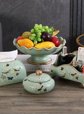 美式碧玉花鸟系列摆件茶几创意收纳纸巾盒客厅新家装饰品果盘套装