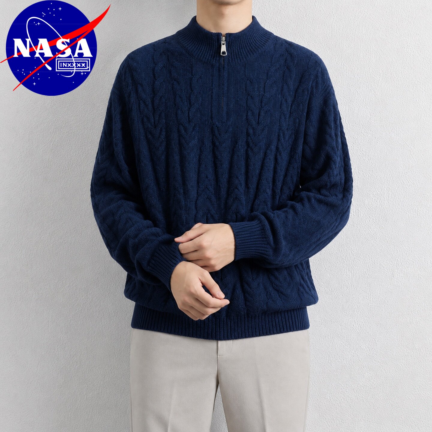 NASA联名美式复古浮雕麻花拉链毛衣男老钱慵懒粗针立领针织衫 拉老实拍商品图