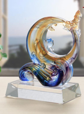 琉璃摆件创意礼物退休纪念品海阔天空刻字定制公司LOGO水晶工艺品