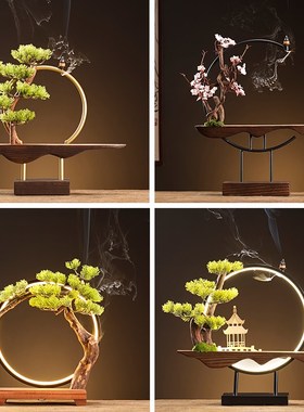 灯圈实木底座中式家居摆件客厅办公室玄关书房铁艺风化木装饰展台