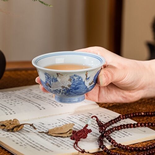 景德镇青花瓷仙鹤压手杯陶瓷手工仿古单杯个人专用主人杯高档茶杯 - 图1