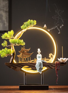 新中式陶瓷倒流香炉LED灯光