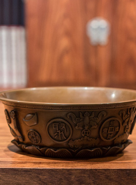 铜聚宝盆摆件家居礼品客厅铜盆装饰品博古架电视柜酒柜摆设工艺品