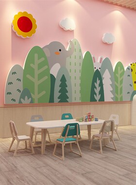 森林高端幼儿园环境创主题文化墙面装饰成品布置文化贴楼梯仙人掌