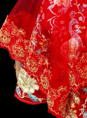 红色头纱新娘结婚主婚纱头纱中式婚礼复古红色盖头红色头纱头饰