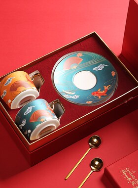 国潮陶瓷杯咖啡杯碟礼盒套装下午茶茶具杯子水杯家用带碟勺送礼品