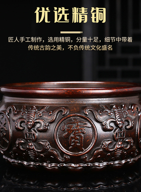 黄铜八福聚宝盆摆件百福铜缸玄关客厅办公室酒柜装饰工艺品特大号