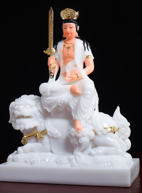汉白玉贴金文殊菩萨摆件文殊普贤菩萨佛像居家菩萨像普贤菩萨神像