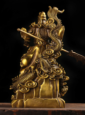 纯铜祥龙关公摆件 大刀关羽关二爷踏龙武财神像 风水招财供奉摆件