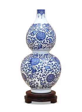 景德镇陶瓷器青花瓷花瓶缠枝莲纹葫芦瓶风水摆件客厅装饰品摆件
