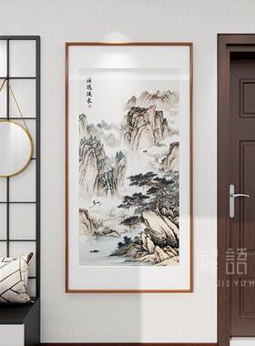 新中式山水挂画玄关装饰画国画办公室壁画竖版招财瀑布山水画