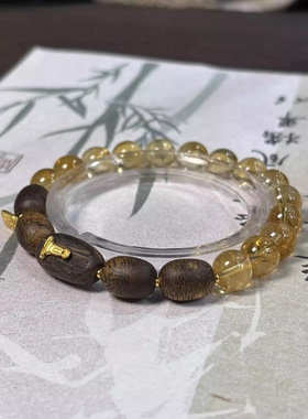 【全球购严选】八方来财奇楠沉香+暴力黄聚宝盆黄水晶单圈手串8mm