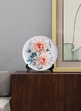 东方泥土《花开富贵》纯手工牡丹陶瓷花挂盘摆件中式客厅玄关装饰