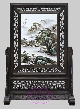 桌面台屏景德镇瓷板画镂空复古实木框小屏风插屏客厅家居装饰摆件