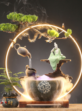 创意悬壶流水摆件倒流循环灯圈招财客厅办公店铺桌面摆设开业礼物