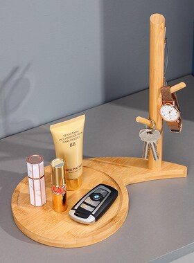 创意竹木实木挂钩架子放钥匙收纳摆件家居饰品入户门口装饰收纳盘