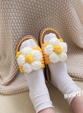 DIY纯手工编织凉鞋网红泡芙花毛线钩织勾线牛奶棉凉拖鞋材料包女