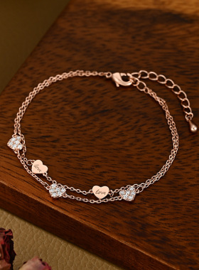 真金电镀微镶锆石气质手饰品小众设计感双层爱心手链精致通勤手串