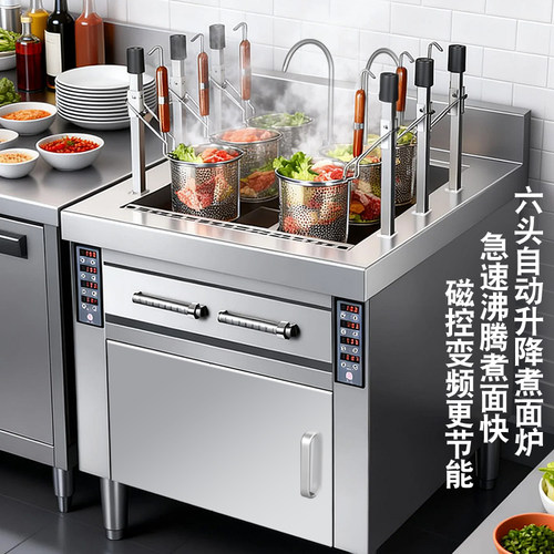 王大厨商用自动升降3/6/9头煮面炉304不锈钢内胆煮面云吞麻辣烫炉 - 图0