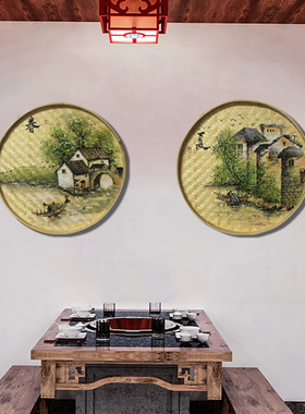手绘簸箕画墙壁画竹编制品春夏秋冬挂件火锅田园风装饰乡村振兴画