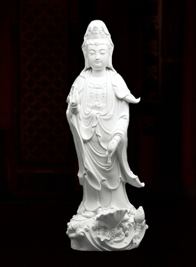 德化白瓷陶瓷佛像滴水观音菩萨保平安镇宅古典白瓷站立像客厅摆件