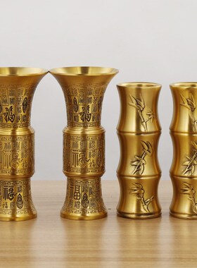 家居客厅佛堂装饰大号纯铜香筒百福花瓶摆件家用黄铜器佛具工艺品