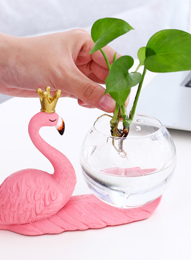 绿萝水培器皿花瓶透明玻璃花盆水养花器创意火烈鸟房间客厅小摆件