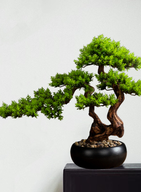 新中式仿真迎客松桌面摆件假松树绿植客厅创意装饰茶桌植物盆景