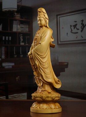 黄杨木南海观音菩萨像实木雕刻佛像家用莲花供奉摆件观世音菩萨像