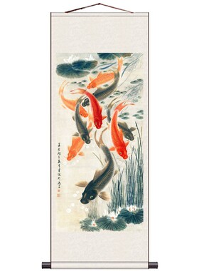 莲花九鱼图荷花图丝绸卷轴画国画年年有余月月有余丝绸礼品
