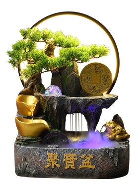聚宝盆风水轮流水摆件大号福禄聚宝盆 适用办公室桌面的中式风格