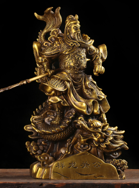 纯铜祥龙关公摆件 大刀关羽关二爷踏龙武财神像 风水招财供奉摆件