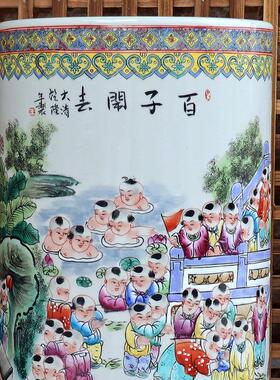 景德镇陶瓷手绘粉彩瓷百子图花瓶直筒客厅书房酒店家居饰品摆饰