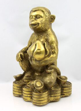 纯铜猴子摆件 抱桃子猴十二生肖猴工艺品摆设 招财客厅中式装饰品