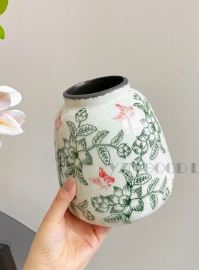 复古陶瓷冰裂花瓶摆件客厅插花干花创意高级感田园风新中式青花瓷