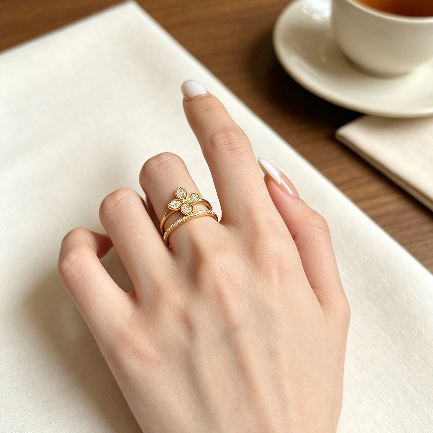 Queyunlai gold dot diamond ring pure gold 999 double ring lucky flower simple women's ring as a gift for your girlfriend