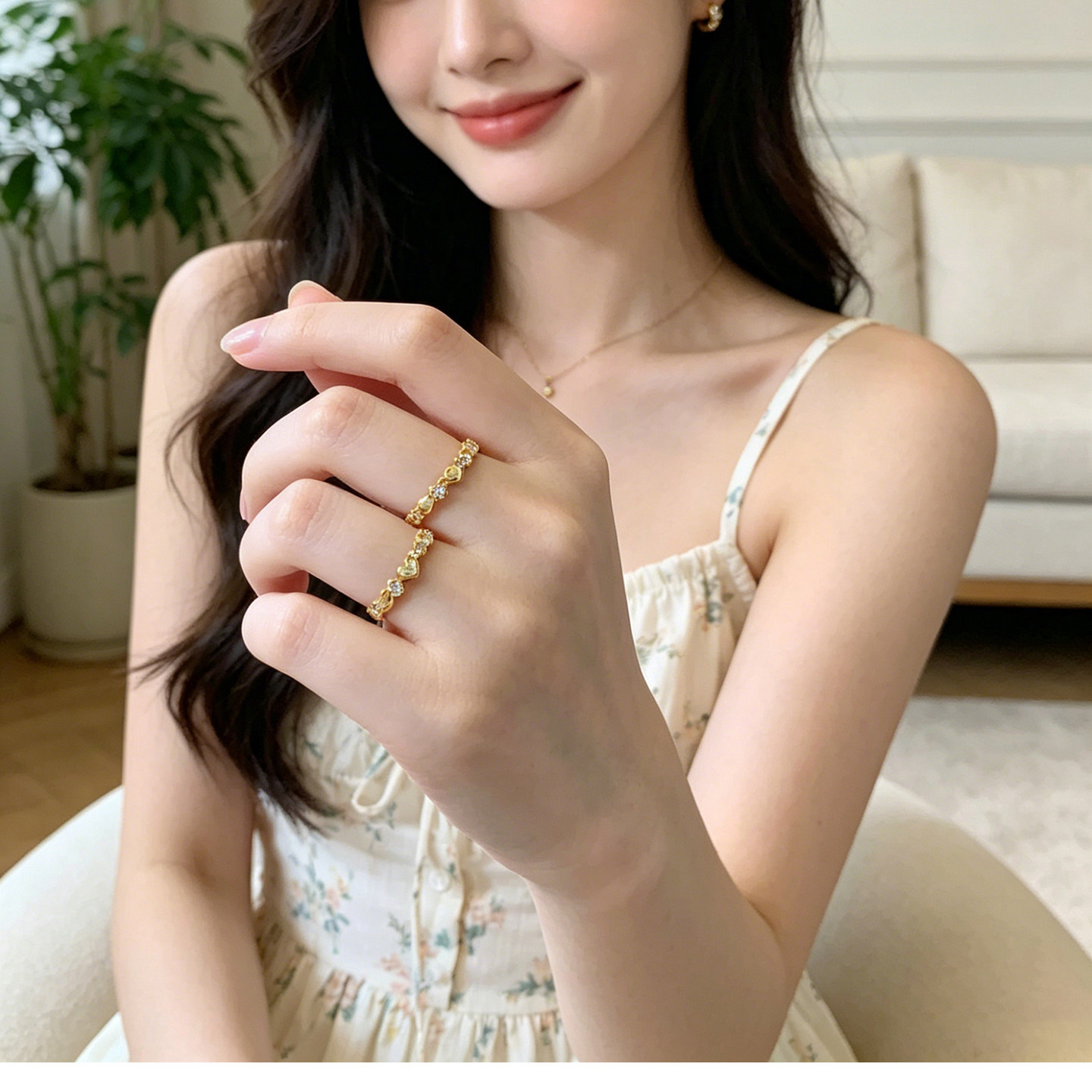 Queyunlai 999 solid gold dot diamond ring gold love ring fashion personality niche ins style gift for girlfriend