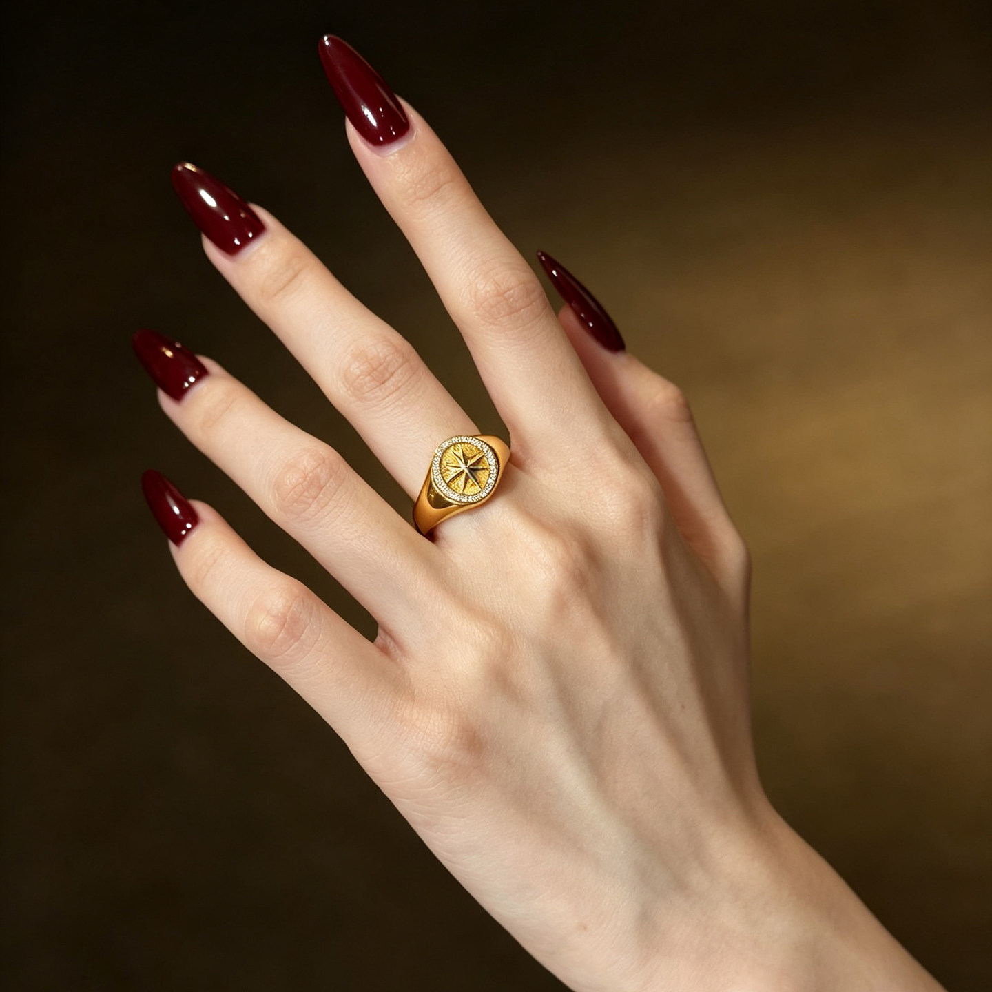 Queyunlai gold ring for women round brushed eight star seal 999 pure gold ring new Chinese style national trend